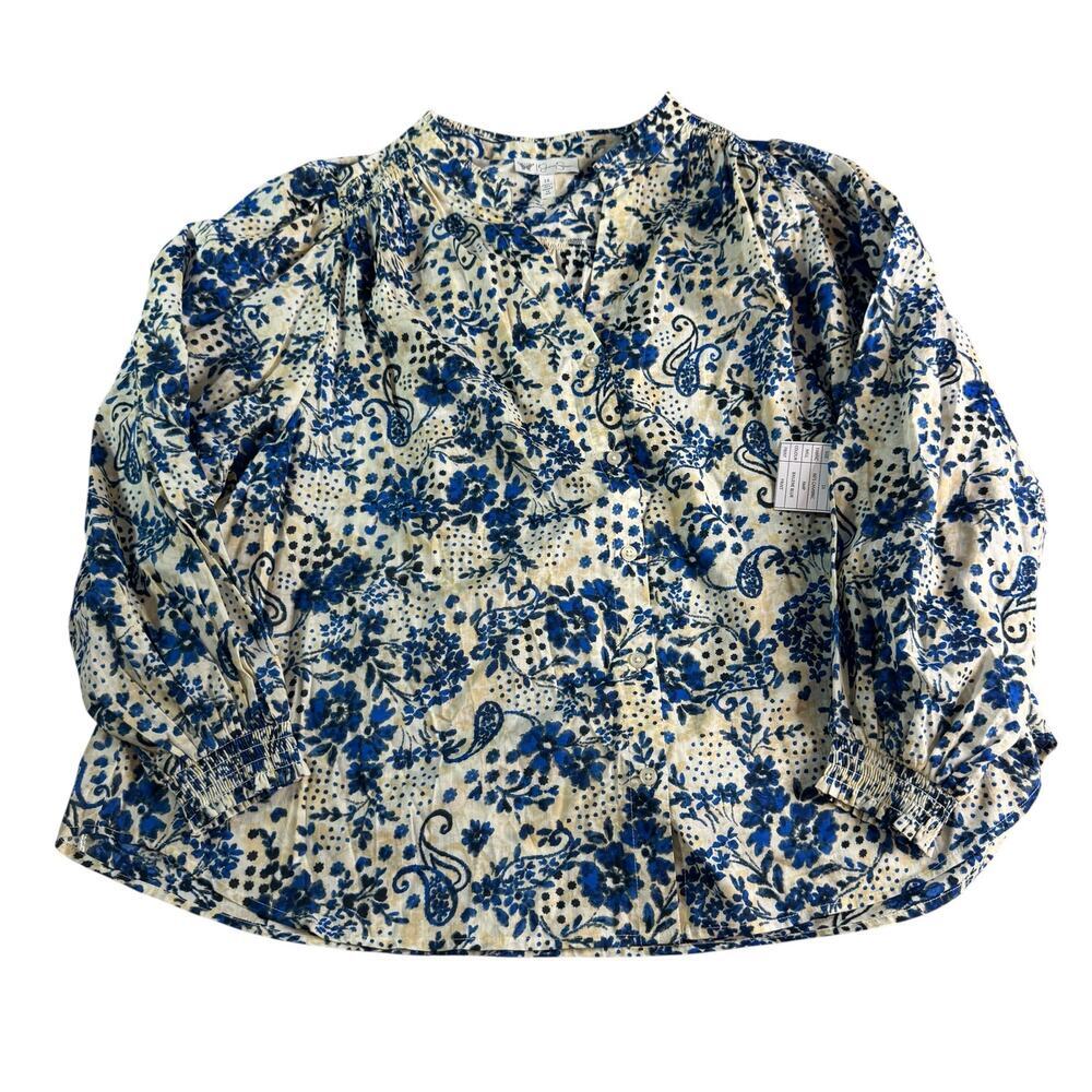 Jessica Simpson 1X Blue Floral Paisley Blouse Boho Peasant Top NWOT